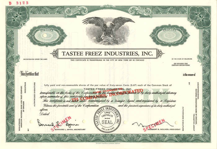 Tastee Freez Industries, Inc. - Stock Certificate